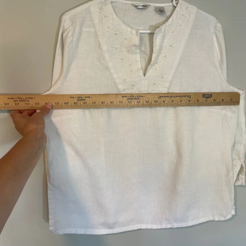Laura Ashley Womens‎ White Linen Embroidered Sequin Tunic Top Size L Boho